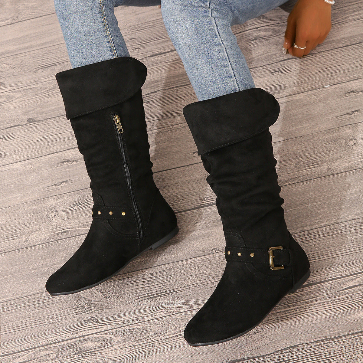 Retro Chunky Heel High Boots with Belted Buckle – Women’s Autumn/Winter Boots
