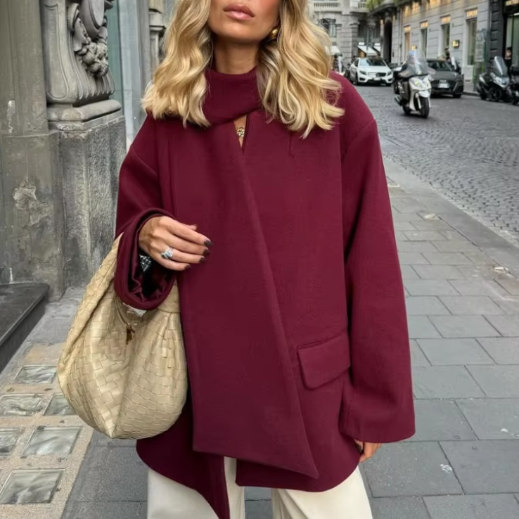 Women’s Single-Breasted Scarf Woolen Coat – Elegant & Warm Autumn Winter Outerwear