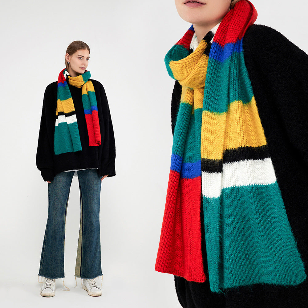 Women’s Contrast Color Patchwork Stripes Knitted Scarf – Korean-Inspired Warm Winter Accessory