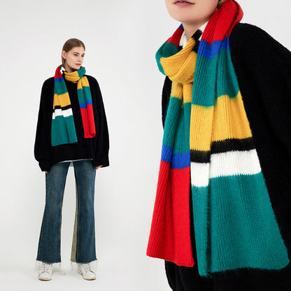 Women’s Contrast Color Patchwork Stripes Knitted Scarf – Korean-Inspired Warm Winter Accessory