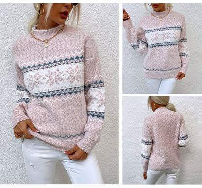 Christmas Snowflake Half Turtleneck Sweater – Women’s Autumn Winter Holiday Knit