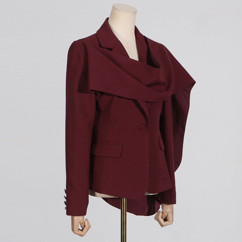 Women’s Personalized Autumn Blazer – Trendy Patchwork Design with Red Shawl