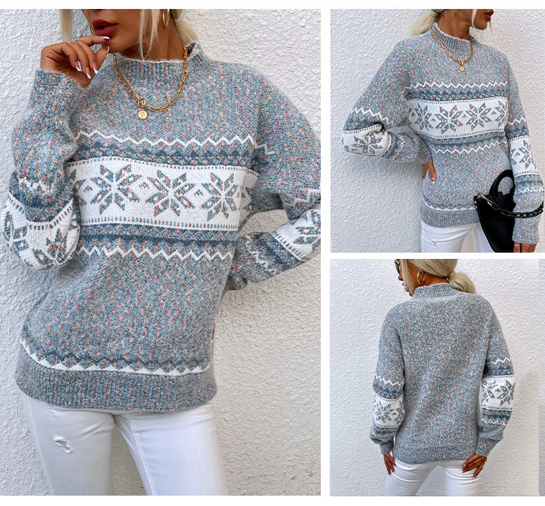 Christmas Snowflake Half Turtleneck Sweater – Women’s Autumn Winter Holiday Knit