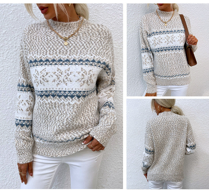 Christmas Snowflake Half Turtleneck Sweater – Women’s Autumn Winter Holiday Knit