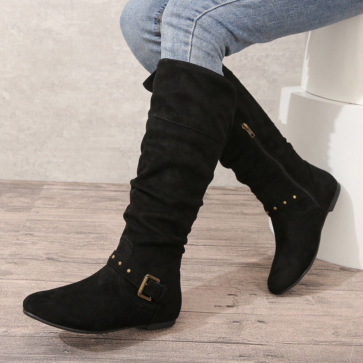 Retro Chunky Heel High Boots with Belted Buckle – Women’s Autumn/Winter Boots