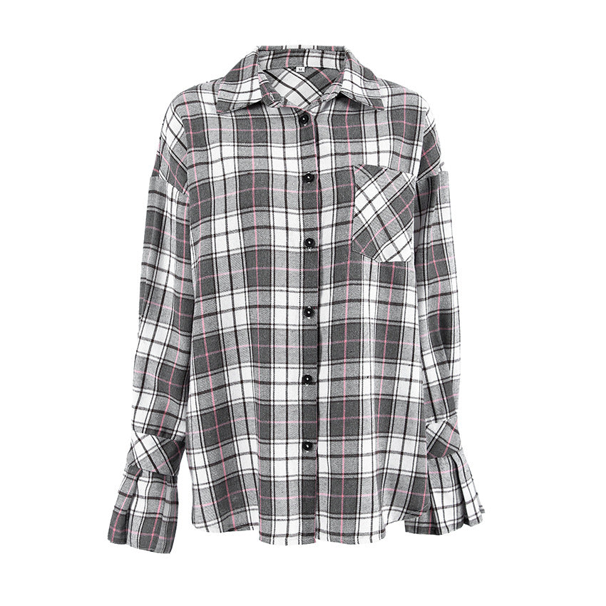 Women’s Retro Plaid Long-Sleeved Shirt – Loose Fit Casual Polyester Cotton Shirt for Autumn & Winter