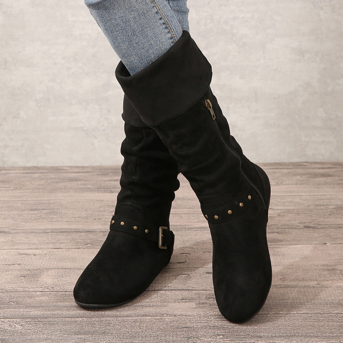 Retro Chunky Heel High Boots with Belted Buckle – Women’s Autumn/Winter Boots