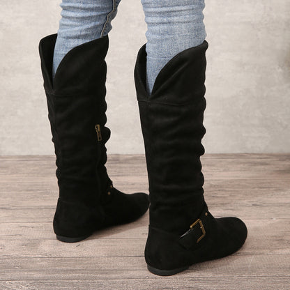 Retro Chunky Heel High Boots with Belted Buckle – Women’s Autumn/Winter Boots