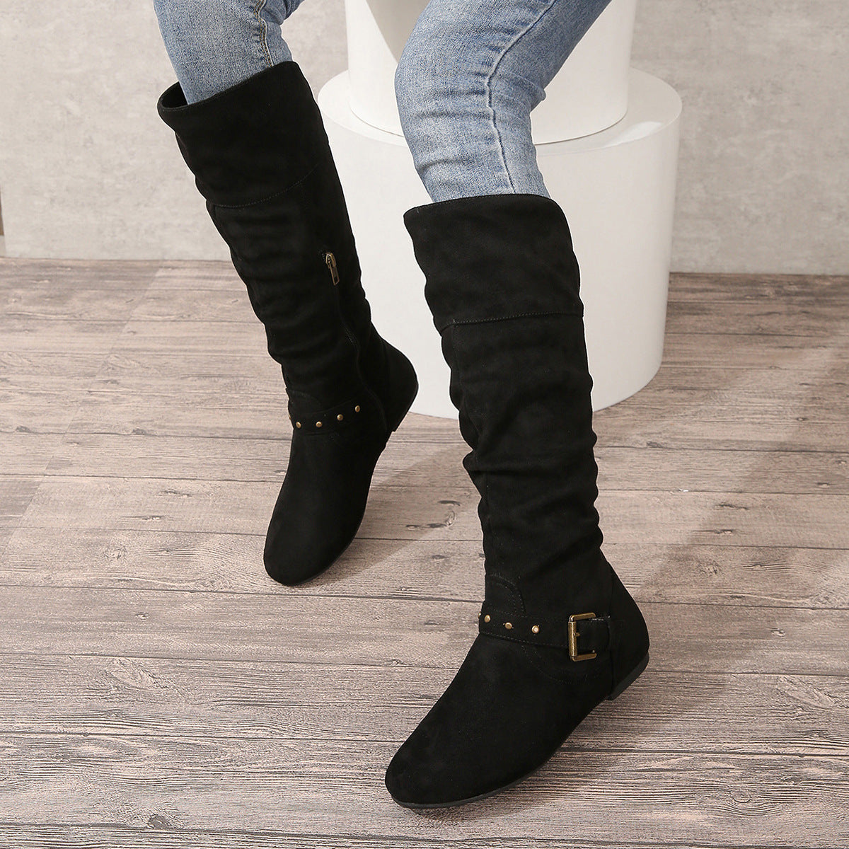 Retro Chunky Heel High Boots with Belted Buckle – Women’s Autumn/Winter Boots