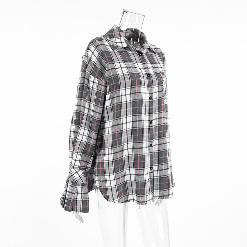 Women’s Retro Plaid Long-Sleeved Shirt – Loose Fit Casual Polyester Cotton Shirt for Autumn & Winter