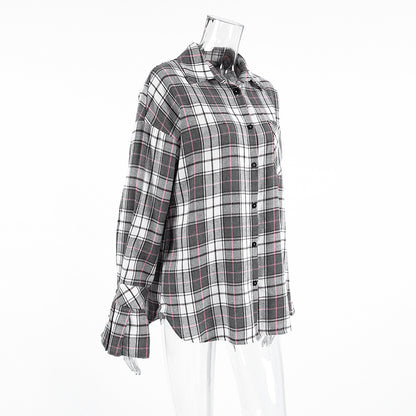 Women’s Retro Plaid Long-Sleeved Shirt – Loose Fit Casual Polyester Cotton Shirt for Autumn & Winter