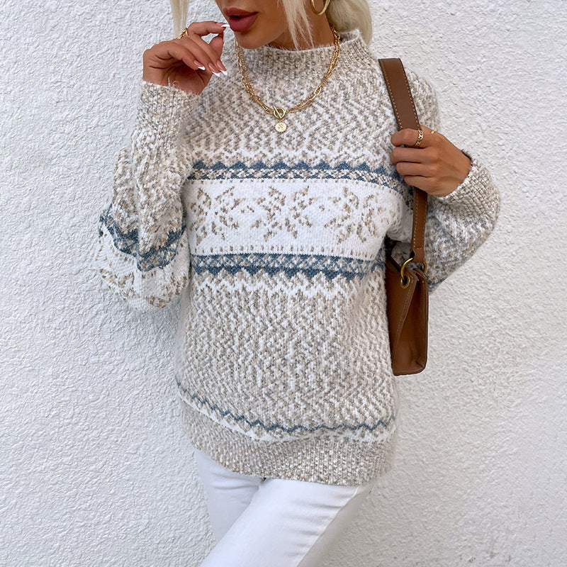 Christmas Snowflake Half Turtleneck Sweater – Women’s Autumn Winter Holiday Knit