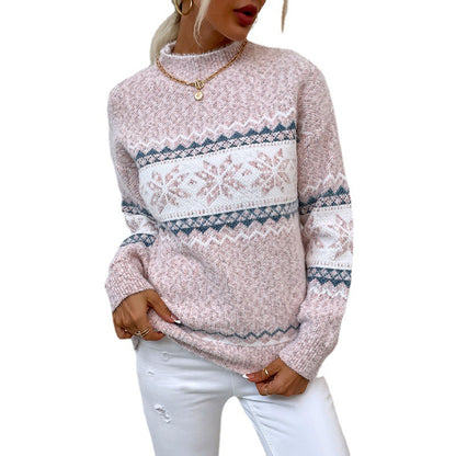 Christmas Snowflake Half Turtleneck Sweater – Women’s Autumn Winter Holiday Knit