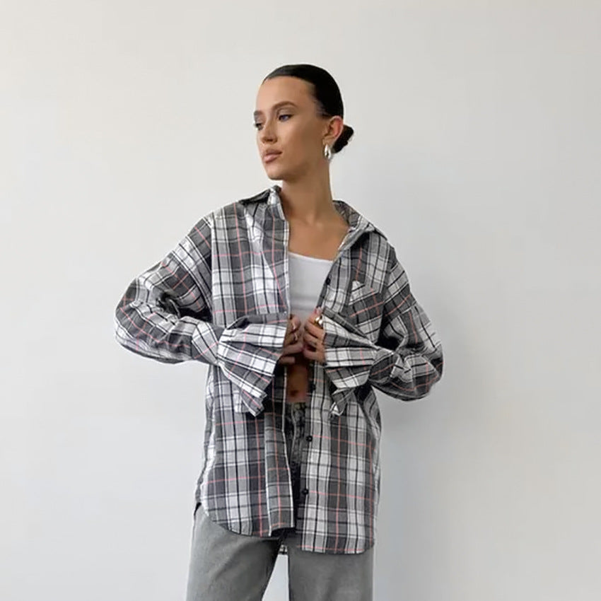 Women’s Retro Plaid Long-Sleeved Shirt – Loose Fit Casual Polyester Cotton Shirt for Autumn & Winter