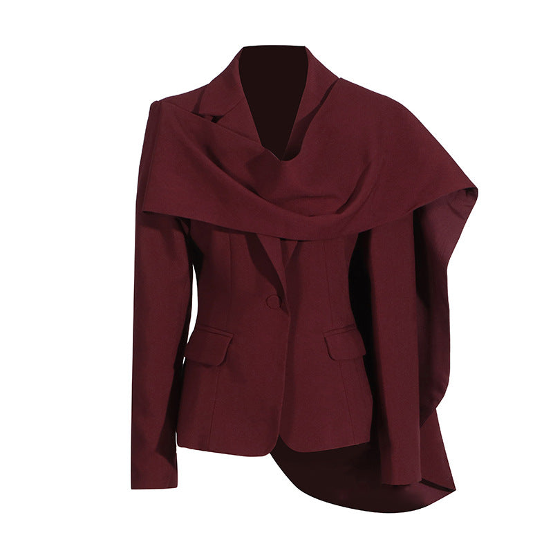 Women’s Personalized Autumn Blazer – Trendy Patchwork Design with Red Shawl