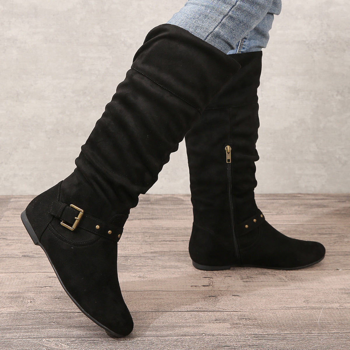 Retro Chunky Heel High Boots with Belted Buckle – Women’s Autumn/Winter Boots