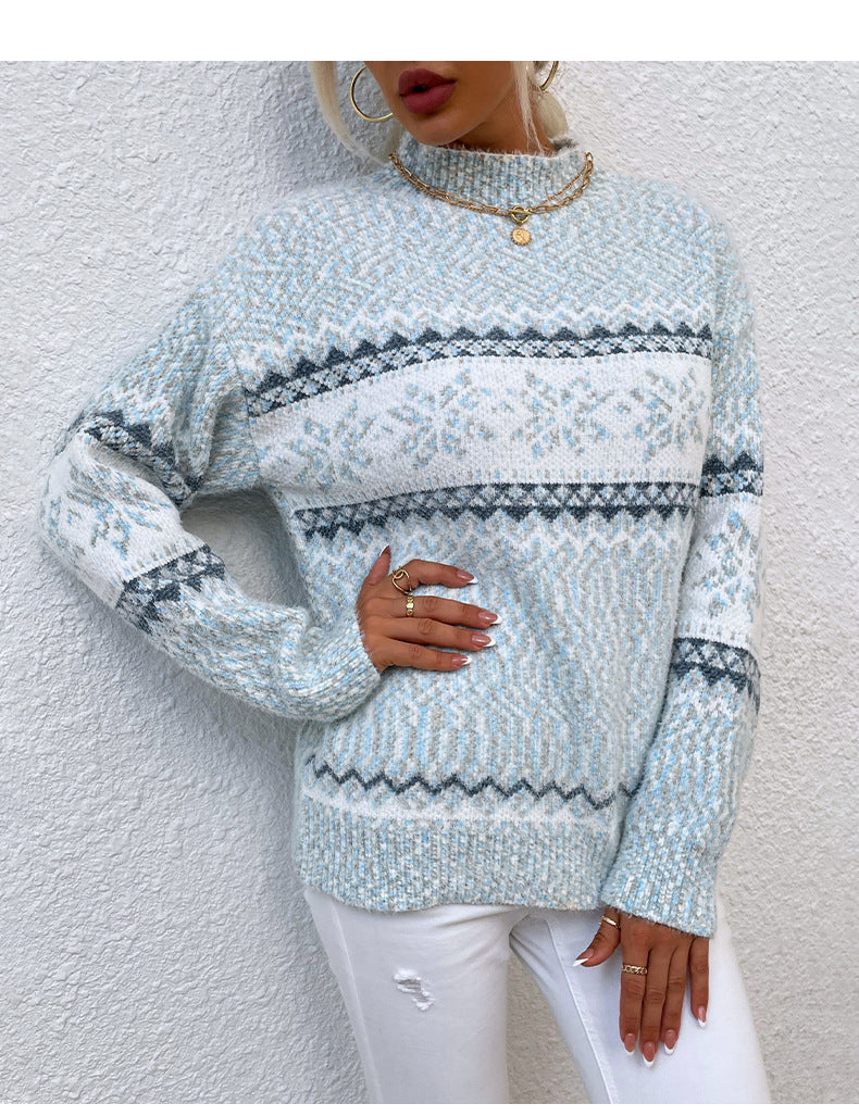 Christmas Snowflake Half Turtleneck Sweater – Women’s Autumn Winter Holiday Knit