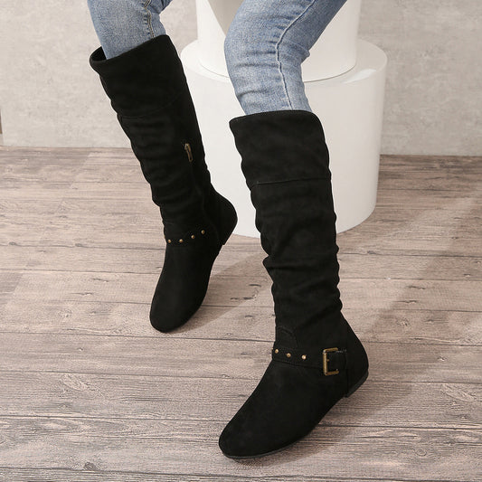 Retro Chunky Heel High Boots with Belted Buckle – Women’s Autumn/Winter Boots