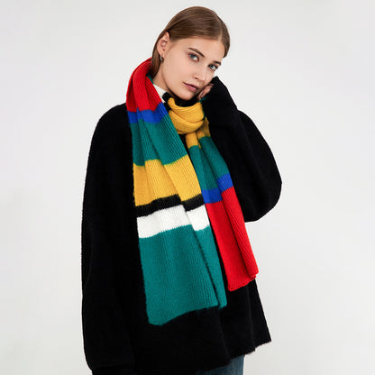 Women’s Contrast Color Patchwork Stripes Knitted Scarf – Korean-Inspired Warm Winter Accessory