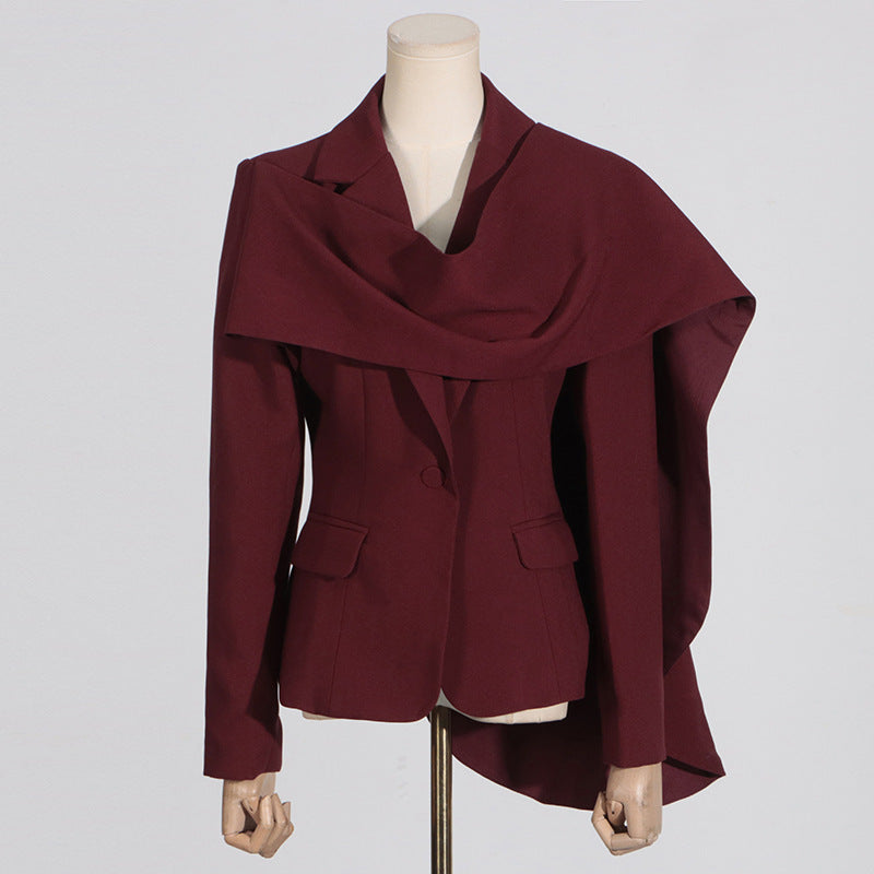 Women’s Personalized Autumn Blazer – Trendy Patchwork Design with Red Shawl