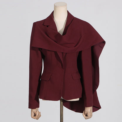 Women’s Personalized Autumn Blazer – Trendy Patchwork Design with Red Shawl