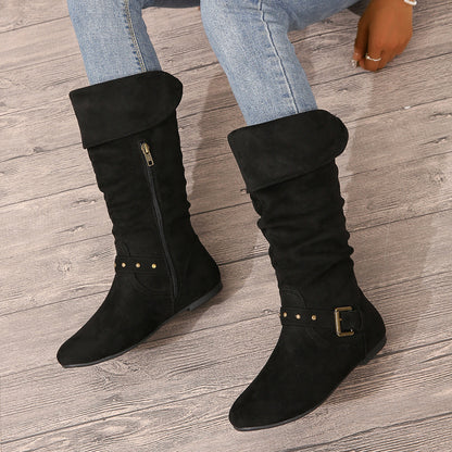 Retro Chunky Heel High Boots with Belted Buckle – Women’s Autumn/Winter Boots