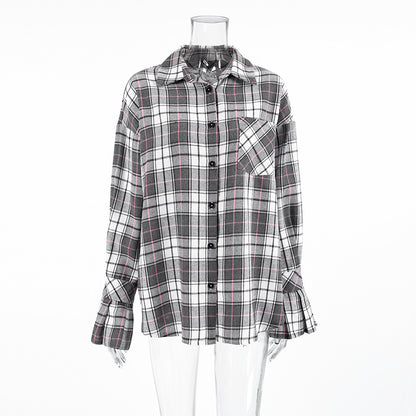 Women’s Retro Plaid Long-Sleeved Shirt – Loose Fit Casual Polyester Cotton Shirt for Autumn & Winter
