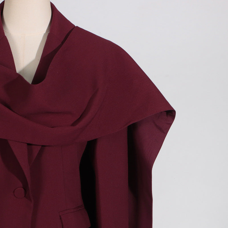 Women’s Personalized Autumn Blazer – Trendy Patchwork Design with Red Shawl