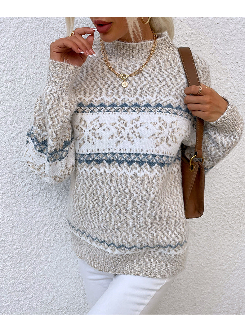 Christmas Snowflake Half Turtleneck Sweater – Women’s Autumn Winter Holiday Knit