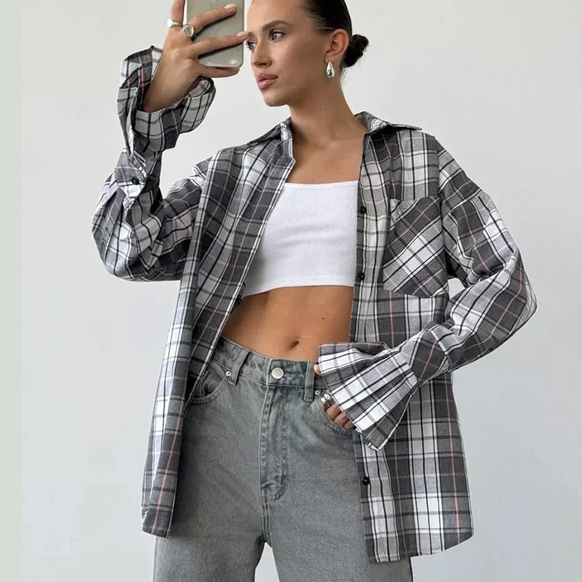 Women’s Retro Plaid Long-Sleeved Shirt – Loose Fit Casual Polyester Cotton Shirt for Autumn & Winter