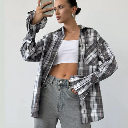 Women’s Retro Plaid Long-Sleeved Shirt – Loose Fit Casual Polyester Cotton Shirt for Autumn & Winter