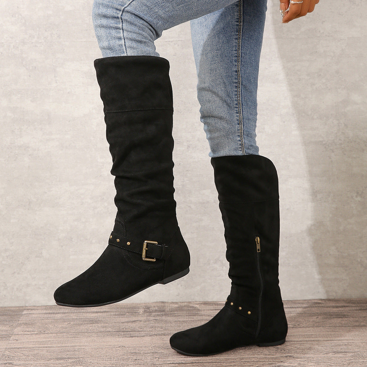 Retro Chunky Heel High Boots with Belted Buckle – Women’s Autumn/Winter Boots