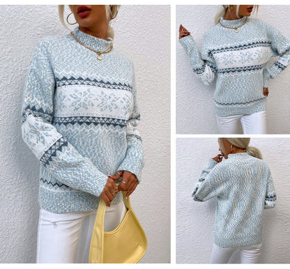 Christmas Snowflake Half Turtleneck Sweater – Women’s Autumn Winter Holiday Knit