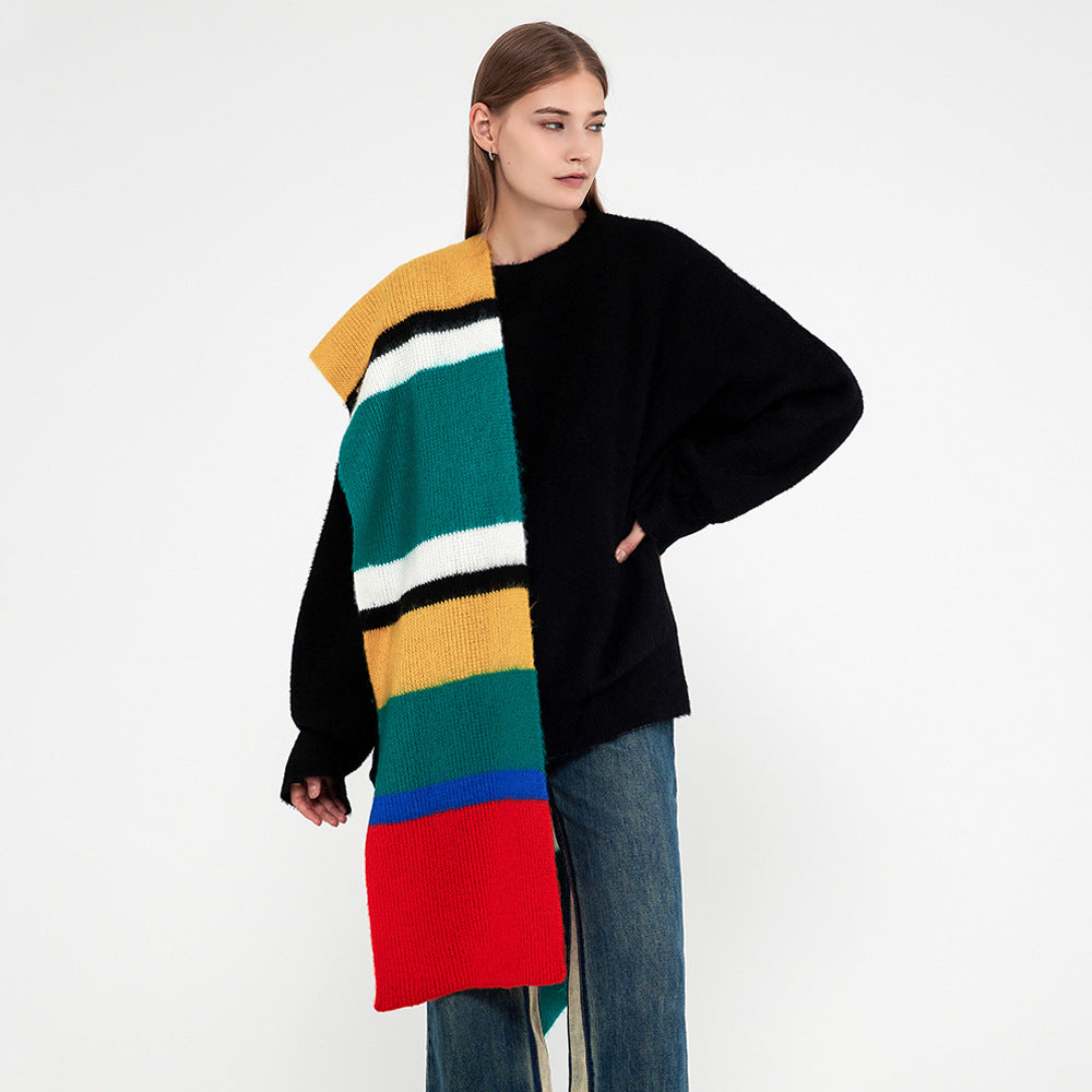 Women’s Contrast Color Patchwork Stripes Knitted Scarf – Korean-Inspired Warm Winter Accessory